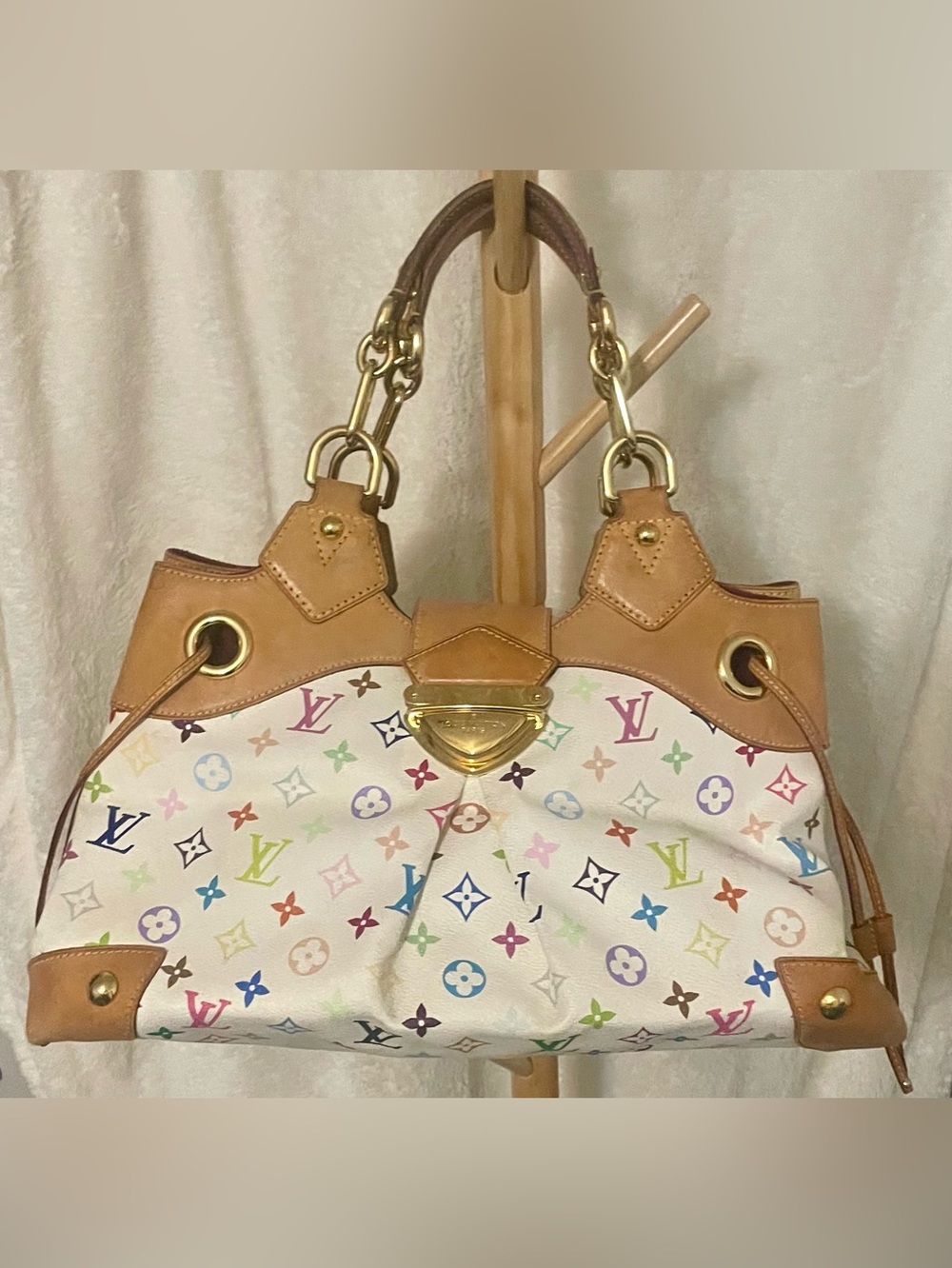 Louis Vuitton Multicolor Monogram White Canvas & Tan Leather Tote